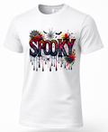 A white short-sleeve crewneck t-shirt featuring a colorful 'Spooky' graphic print on the chest with roses, bats, spiderwebs, and dripping paint details.