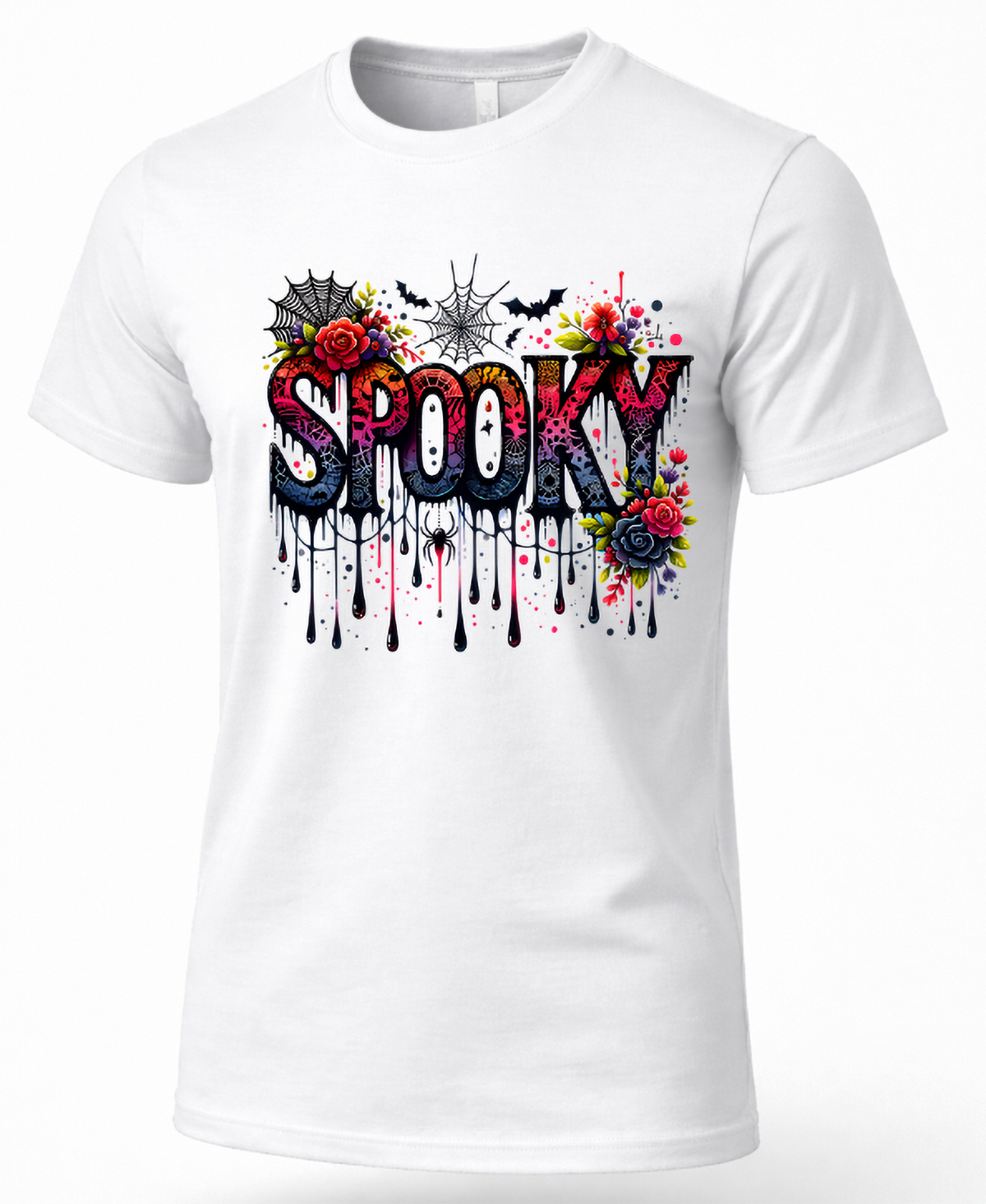 A white short-sleeve crewneck t-shirt featuring a colorful 'Spooky' graphic print on the chest with roses, bats, spiderwebs, and dripping paint details.