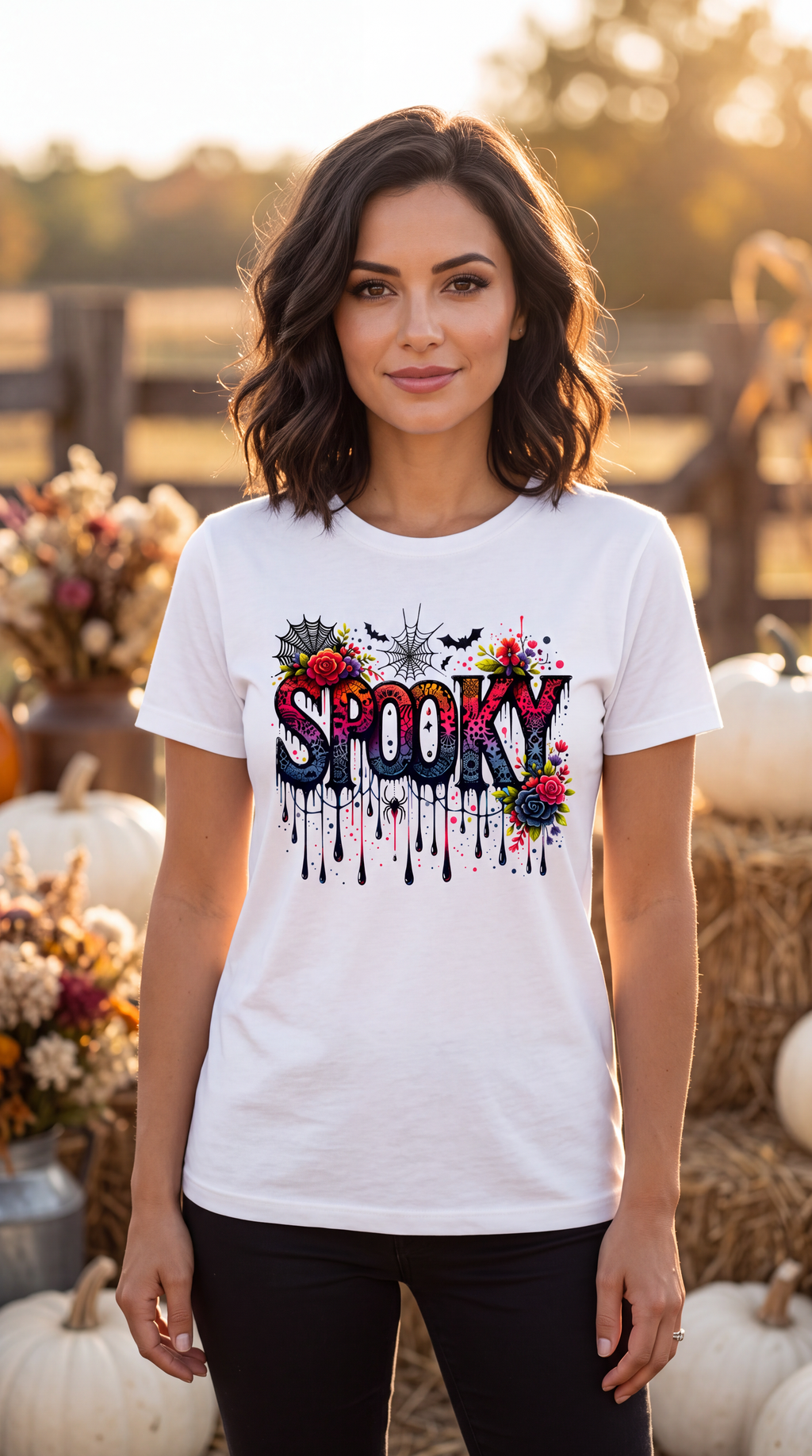 A woman wearing a white graphic t-shirt with a colorful 'Spooky' text design, standing in a fall-themed outdoor setting with pumpkins and hay bales.