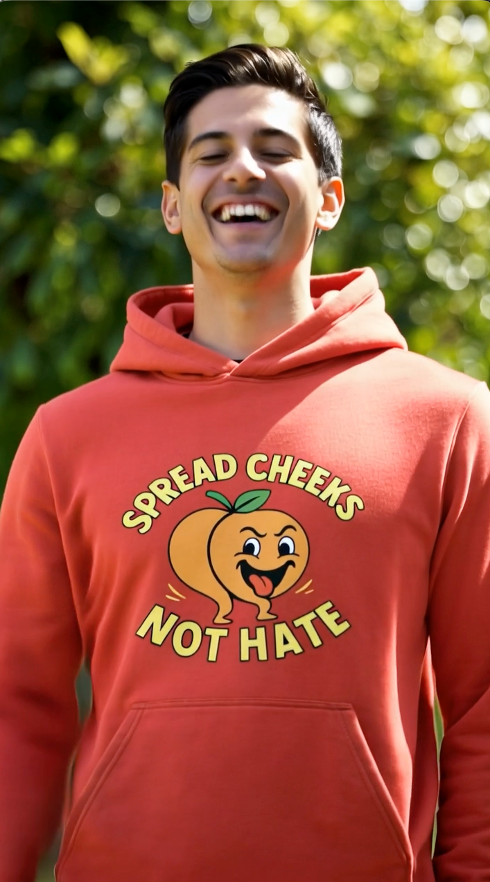 Man wearing red hoodie with ‘Spread Cheeks Not Hate’ peach graphic outdoors