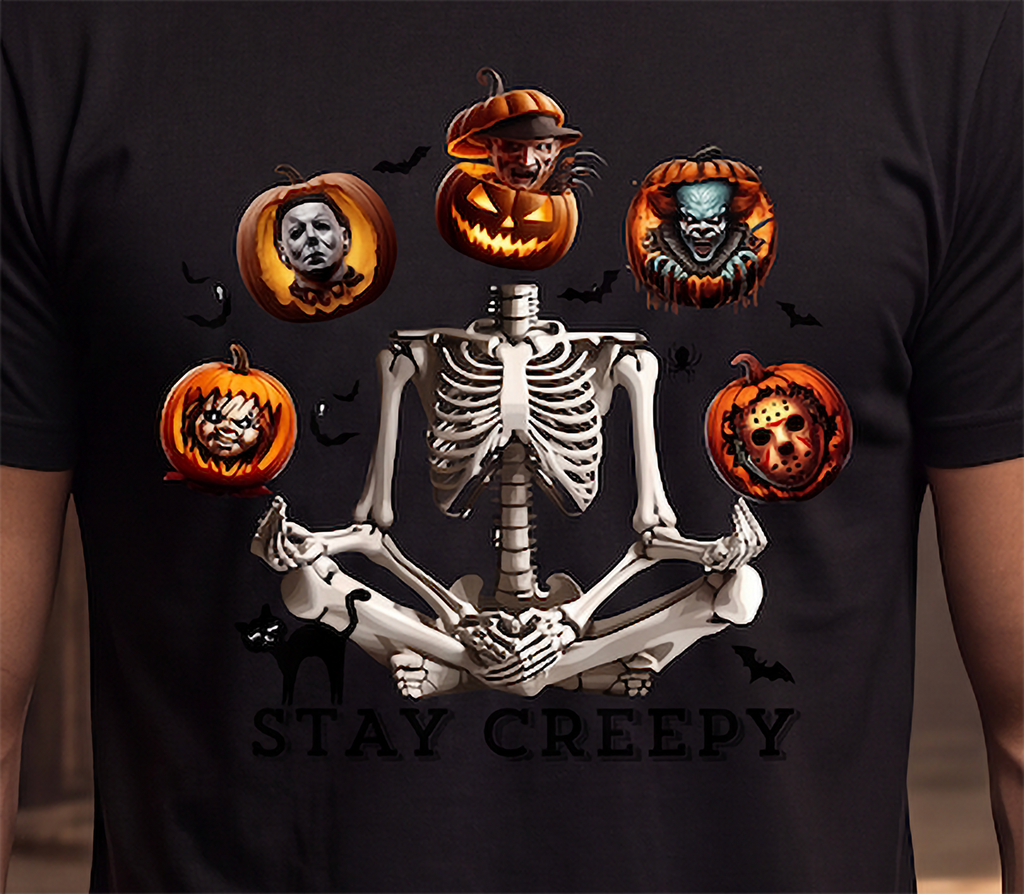 A black short-sleeve T-shirt worn by a person, featuring a large Halloween graphic of a seated skeleton surrounded by carved pumpkins with horror character faces, plus small bat silhouettes and the text 'STAY CREEPY' at the bottom.