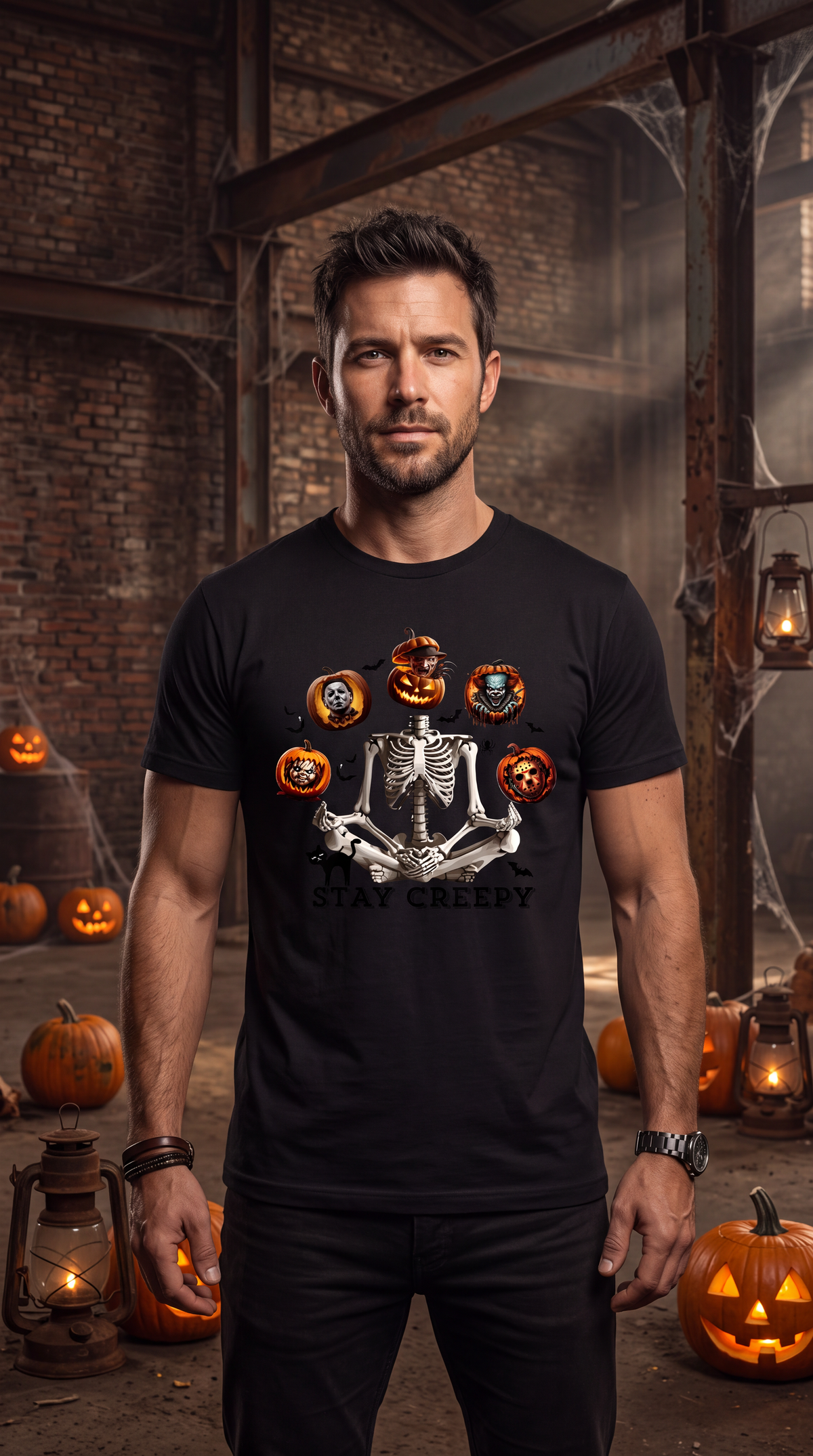 A man wearing a black graphic t-shirt with a skeleton and jack-o'-lantern design, standing in a spooky, Halloween-themed room with pumpkins and lanterns.
