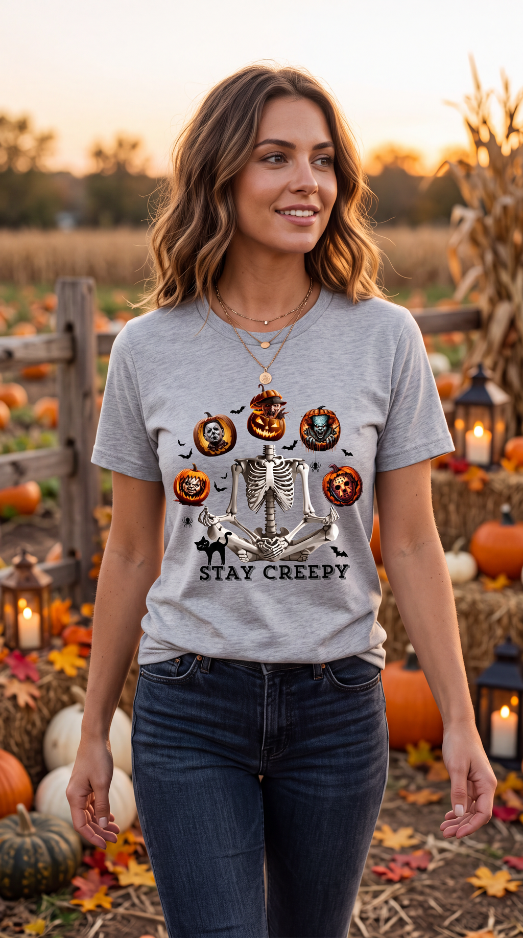 A woman wearing a heather gray graphic t-shirt with a Halloween skeleton design and the text 'STAY CREEPY', standing in a pumpkin patch at sunset.