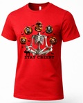 A red short-sleeve crewneck t-shirt featuring a Halloween graphic of a skeleton meditating, surrounded by jack-o'-lanterns, bats, and a black cat, with the text 'STAY CREEPY' printed below.