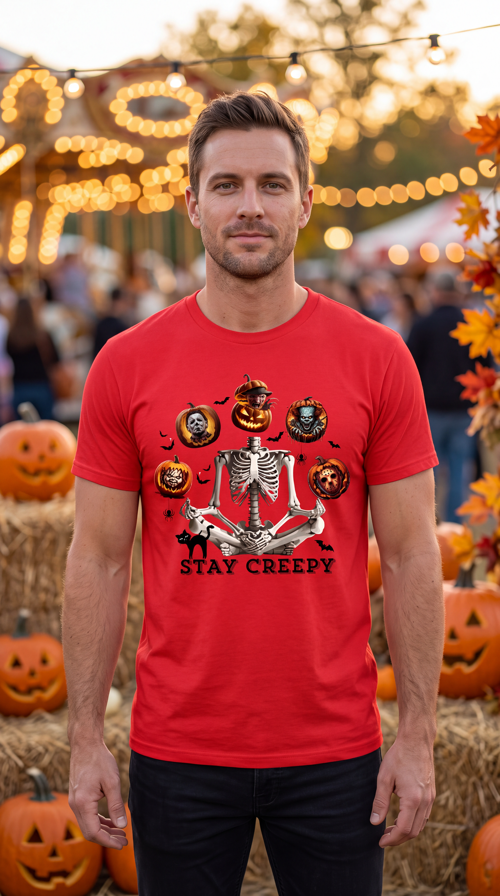 A man wearing a red graphic t-shirt with a Halloween skeleton design and the words 'STAY CREEPY', standing in a festive outdoor setting with pumpkins and warm string lights in the background.