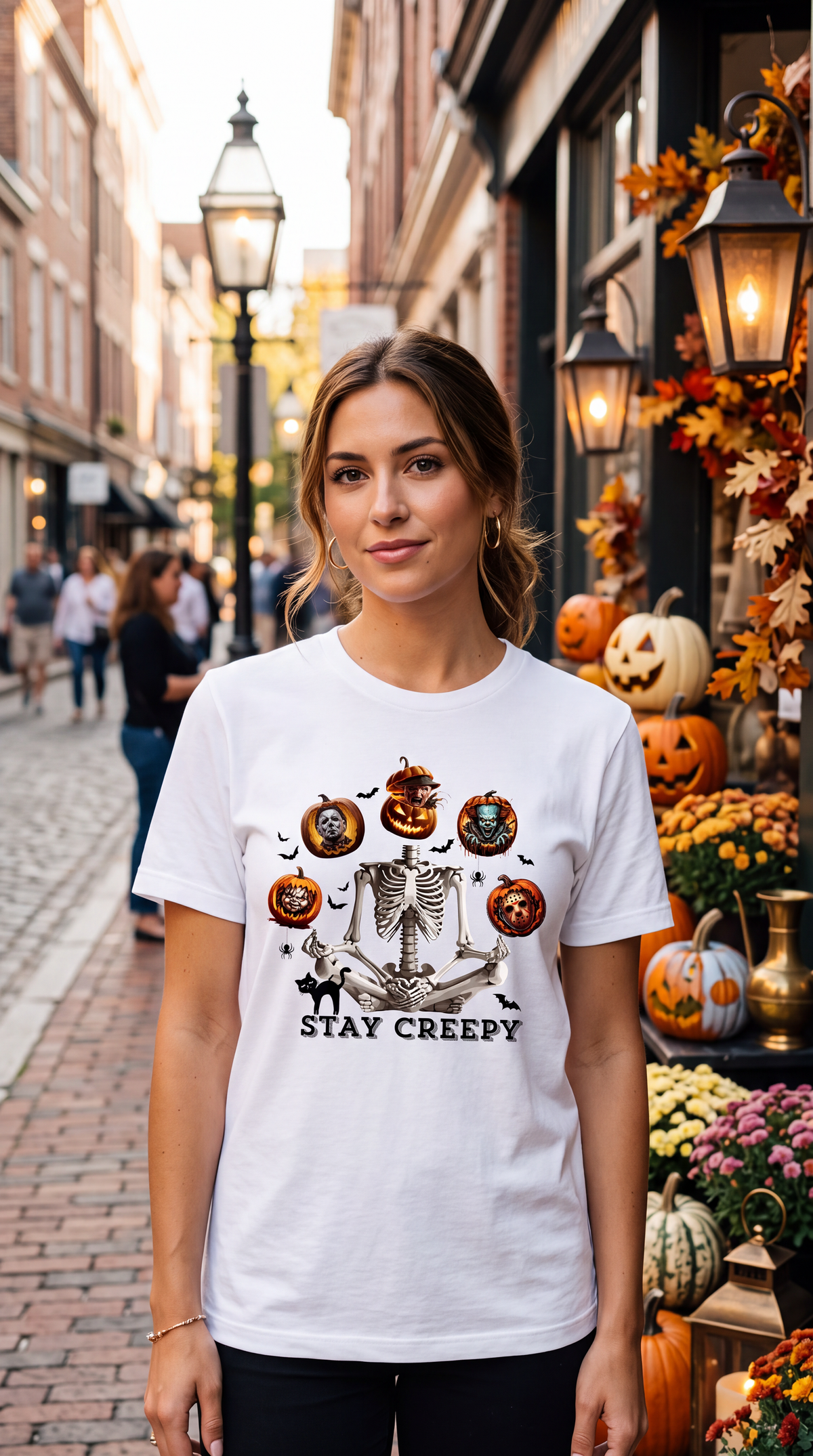 A woman stands on a cobblestone street wearing a white graphic T-shirt with a Halloween skeleton design and the words 'STAY CREEPY'. The background shows a real outdoor street scene with storefronts, pumpkins, lanterns, and other pedestrians.