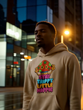 Man wearing beige “Stay Trippy Little Hippie” mushroom graphic hoodie in a city street at night