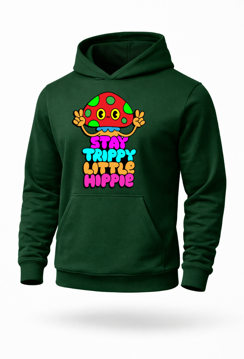 Stay Trippy Little Hippie psychedelic mushroom graphic hoodie by Tailored Threadz