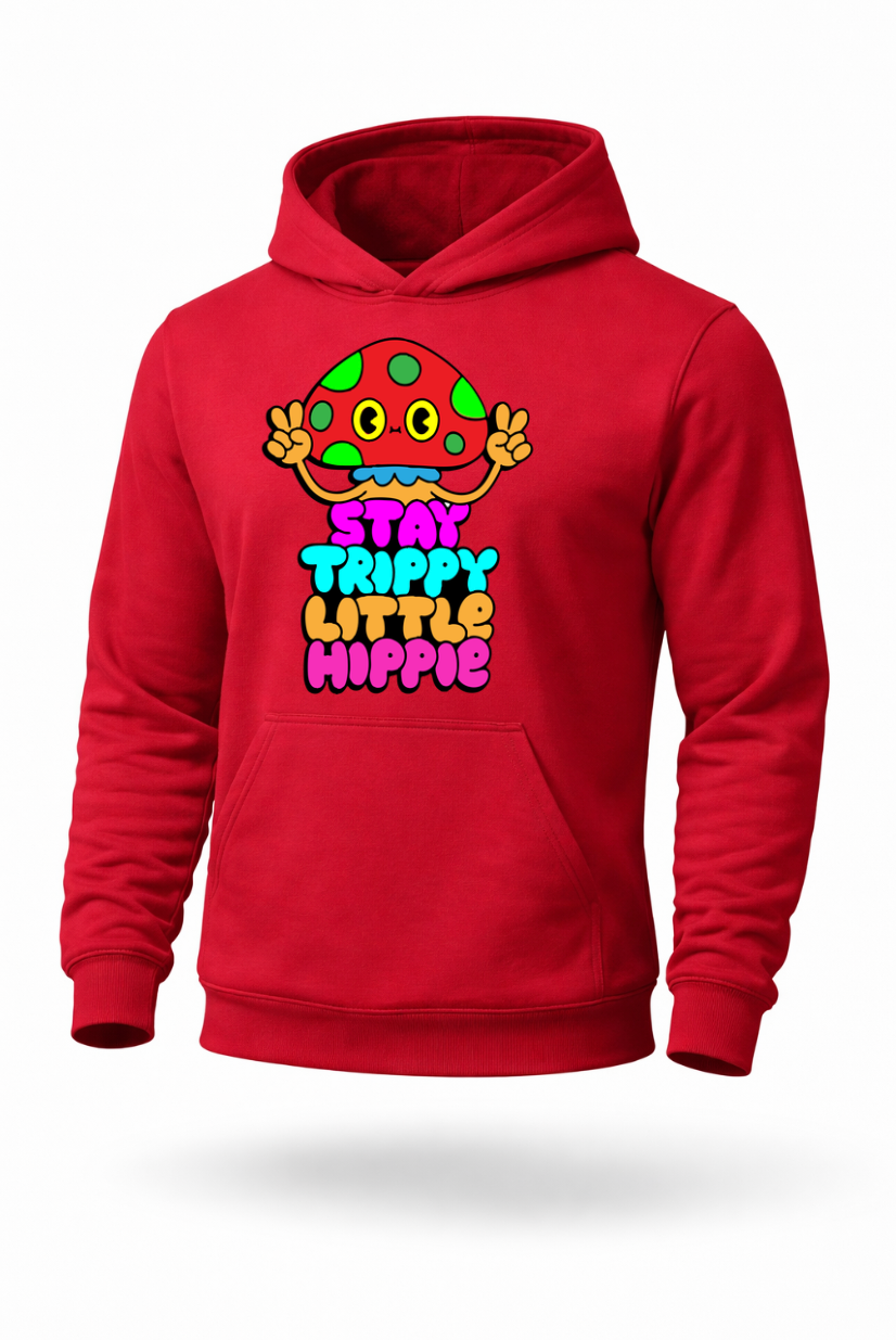 Stay Trippy Little Hippie psychedelic mushroom graphic hoodie by Tailored Threadz