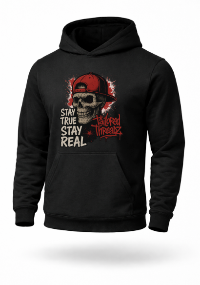 Stay True Stay Real skull streetwear hoodie by Tailored Threadz