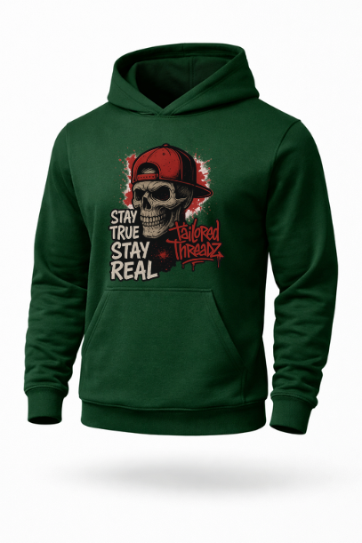 Stay True Stay Real skull streetwear hoodie by Tailored Threadz