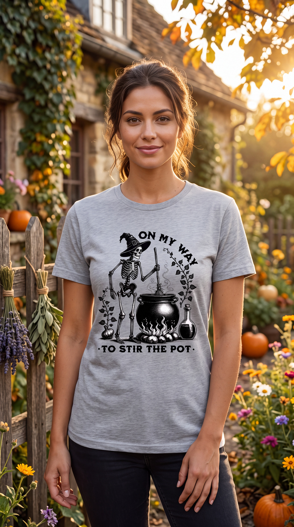 A woman wearing a light heather gray graphic t-shirt with a black witch skeleton and cauldron design that reads 'ON MY WAY TO STIR THE POT.' She is standing outdoors in a garden setting with pumpkins and autumn foliage.
