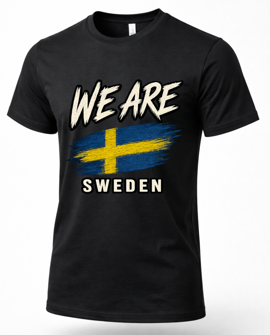 A black short-sleeve crewneck t-shirt featuring a distressed graphic print of the Swedish flag and the text 'WE ARE SWEDEN' in white and yellow.