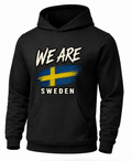 A black pullover hoodie featuring a distressed graphic print on the front with the text 'WE ARE' above a Swedish flag and 'SWEDEN' below, shown against a plain white background.