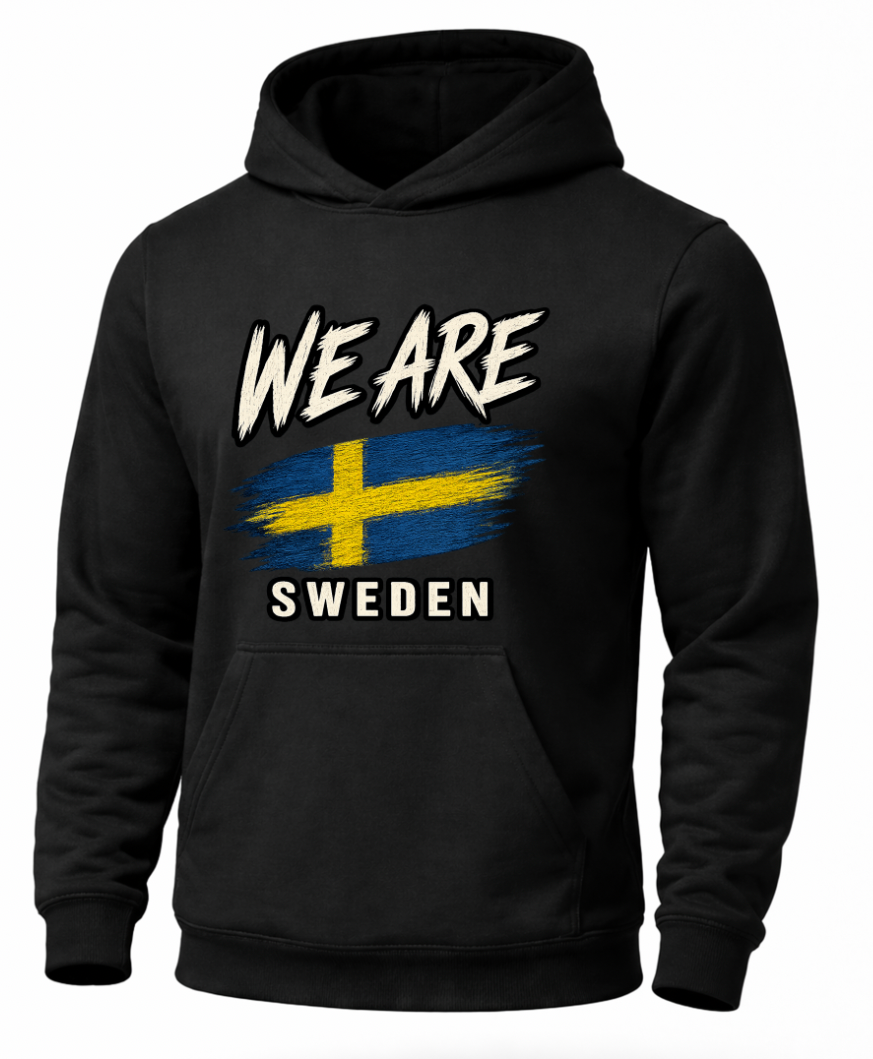 A black pullover hoodie featuring a distressed graphic print on the front with the text 'WE ARE' above a Swedish flag and 'SWEDEN' below, shown against a plain white background.