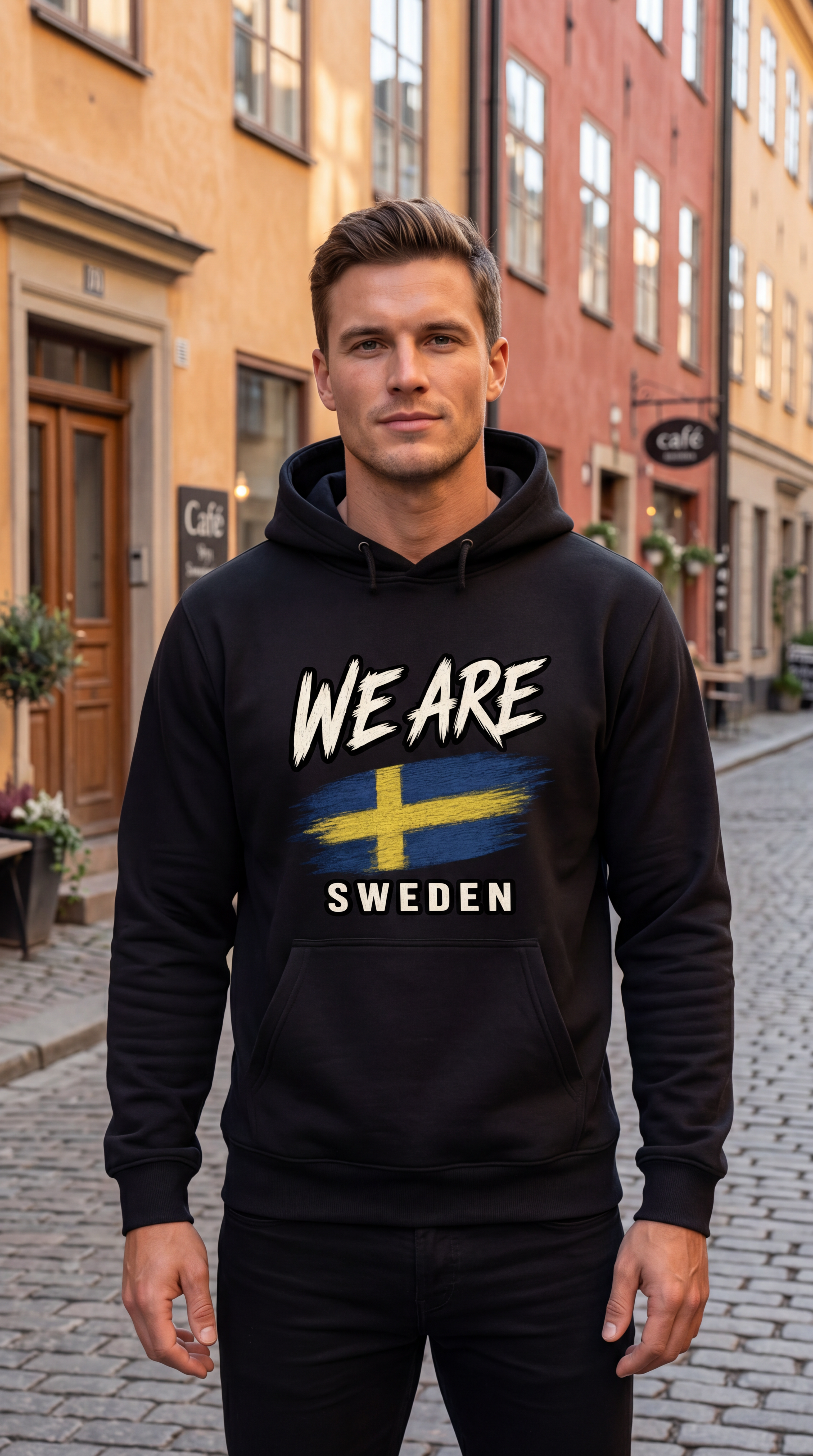 A man wearing a black hoodie with a 'WE ARE SWEDEN' graphic featuring the Swedish flag, standing on a cobblestone street in front of colorful European buildings.