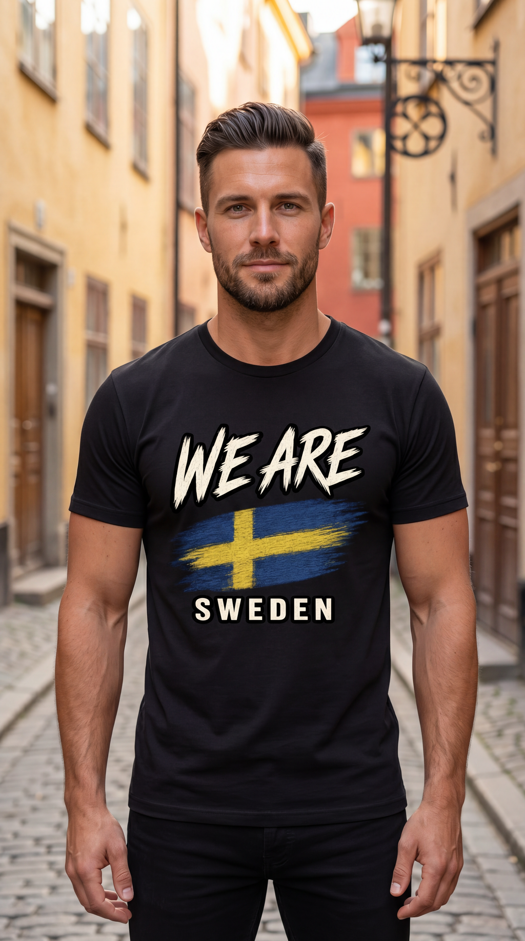 A man standing in a cobblestone street wearing a black t-shirt with 'WE ARE SWEDEN' and a Swedish flag graphic printed on the front.