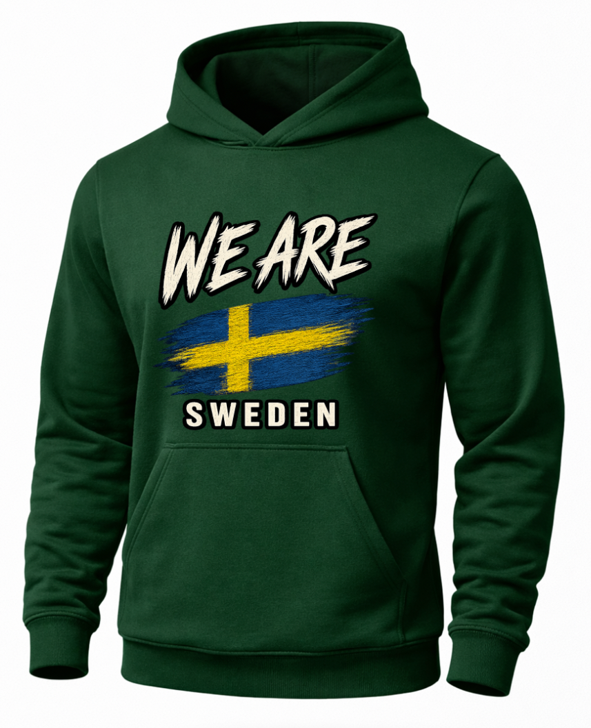 A dark green pullover hoodie with a graphic print on the front that reads 'WE ARE SWEDEN' above and below a blue and yellow Swedish flag design, shown on a plain white background.