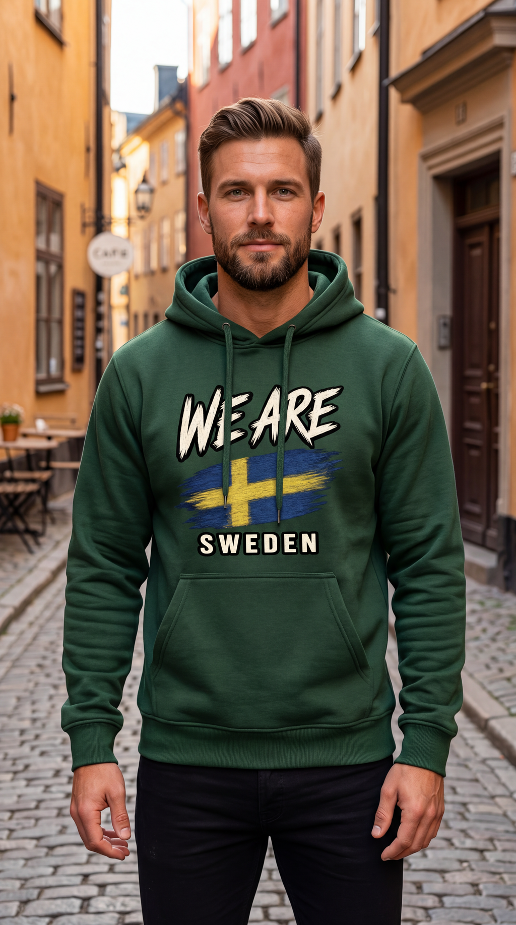 A man wearing a dark green hoodie with a 'WE ARE SWEDEN' graphic featuring the Swedish flag, standing on a cobblestone street in front of yellow buildings.