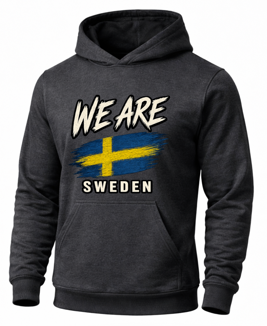 A dark heather gray hoodie featuring a graphic print of the Swedish flag and the text 'WE ARE SWEDEN' in white and yellow, shown on a plain white background.
