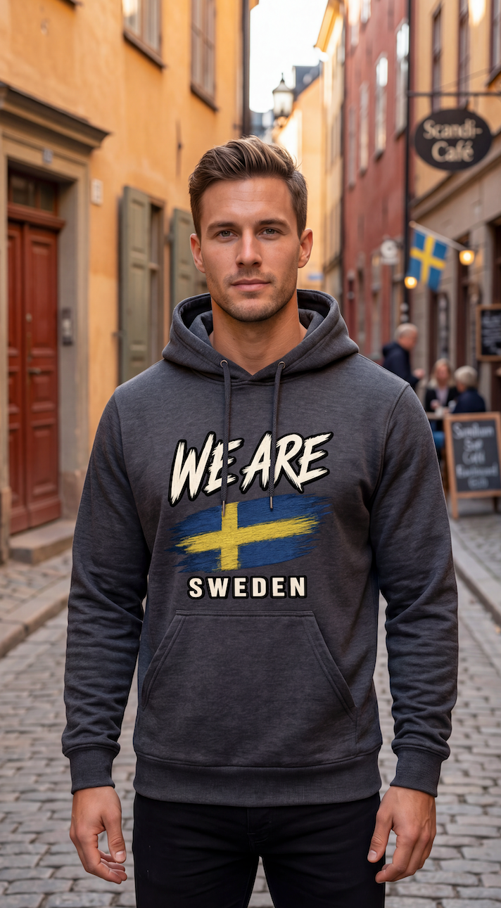 A man wearing a dark gray hoodie with a 'WE ARE SWEDEN' graphic featuring the Swedish flag, standing on a cobblestone street in front of warm-toned buildings.