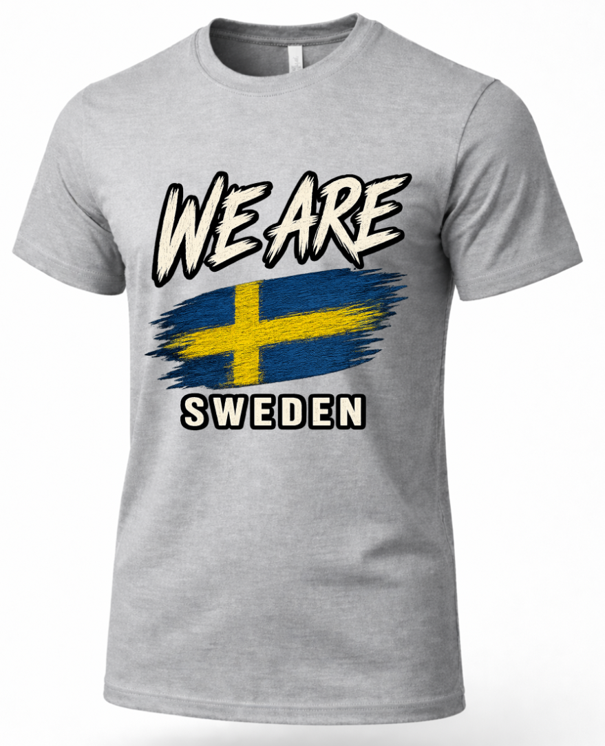 A heather gray short-sleeve crewneck t-shirt featuring a graphic print that reads 'WE ARE SWEDEN' with a stylized Swedish flag design in the center.