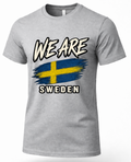 A heather gray short-sleeve crewneck t-shirt featuring a graphic print that reads 'WE ARE SWEDEN' with a stylized Swedish flag design in the center.