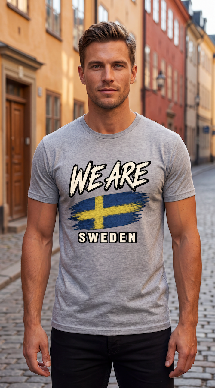 A man wearing a heather gray t-shirt with a 'WE ARE SWEDEN' graphic featuring the Swedish flag, standing on a cobblestone street.