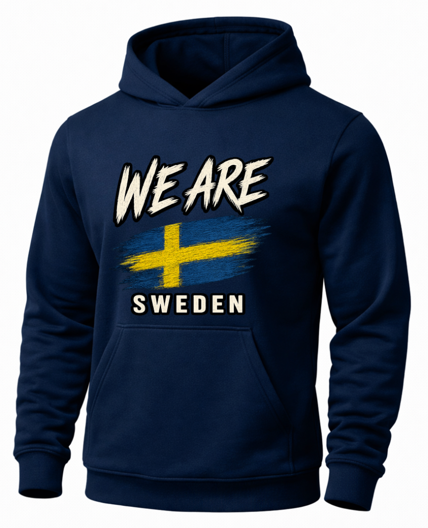 A navy blue pullover hoodie with a front graphic that reads 'WE ARE SWEDEN' above and below a blue and yellow Swedish flag design, shown on a plain white background.
