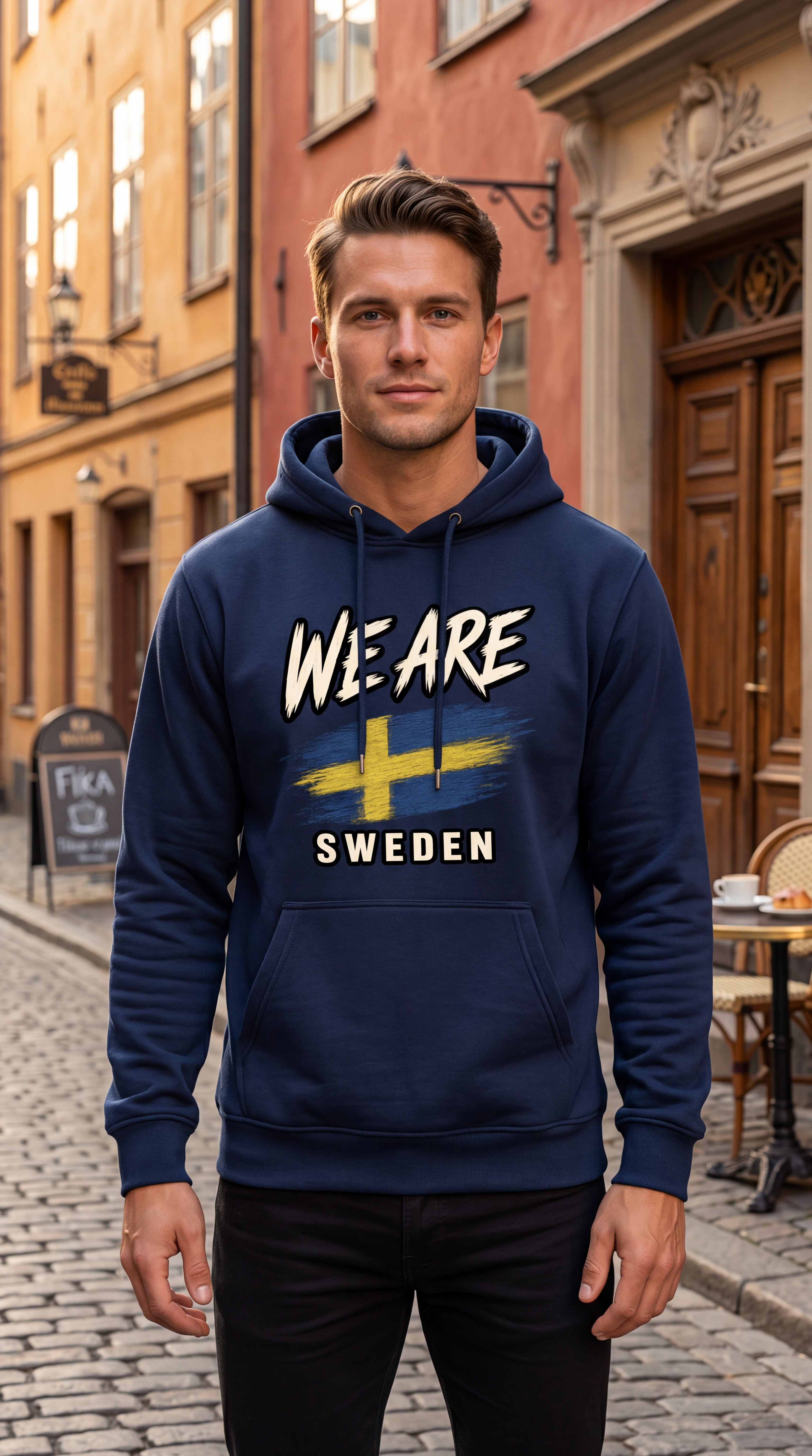 A man wearing a navy blue hoodie with a 'WE ARE SWEDEN' graphic featuring the Swedish flag, standing on a cobblestone street in front of European-style buildings.