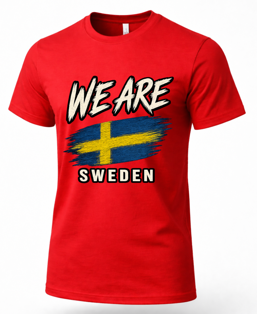 A red short-sleeve crewneck t-shirt featuring a graphic print of the Swedish flag and the text 'WE ARE SWEDEN' in a bold, stylized font.