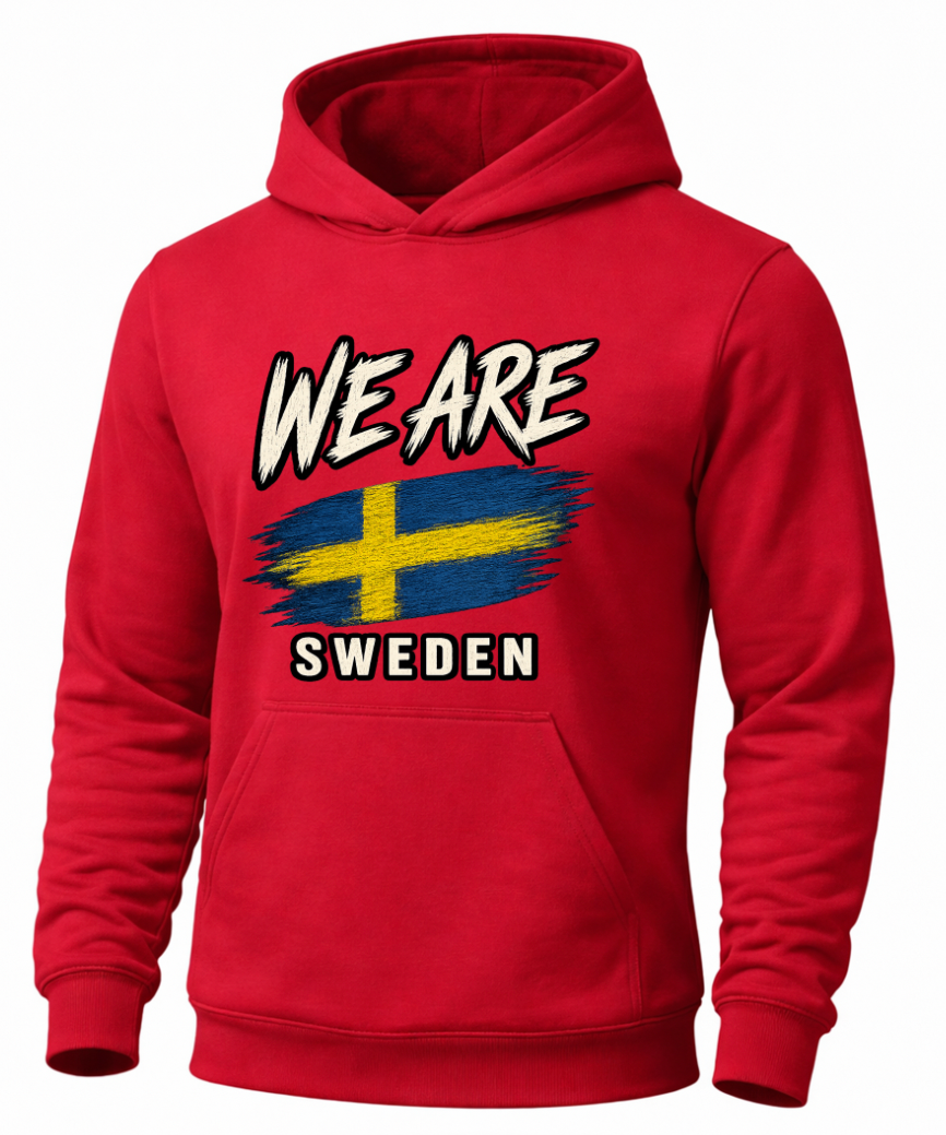 A red pullover hoodie featuring a graphic print on the chest with the text 'WE ARE' above a Swedish flag and 'SWEDEN' below, shown on a plain white background.