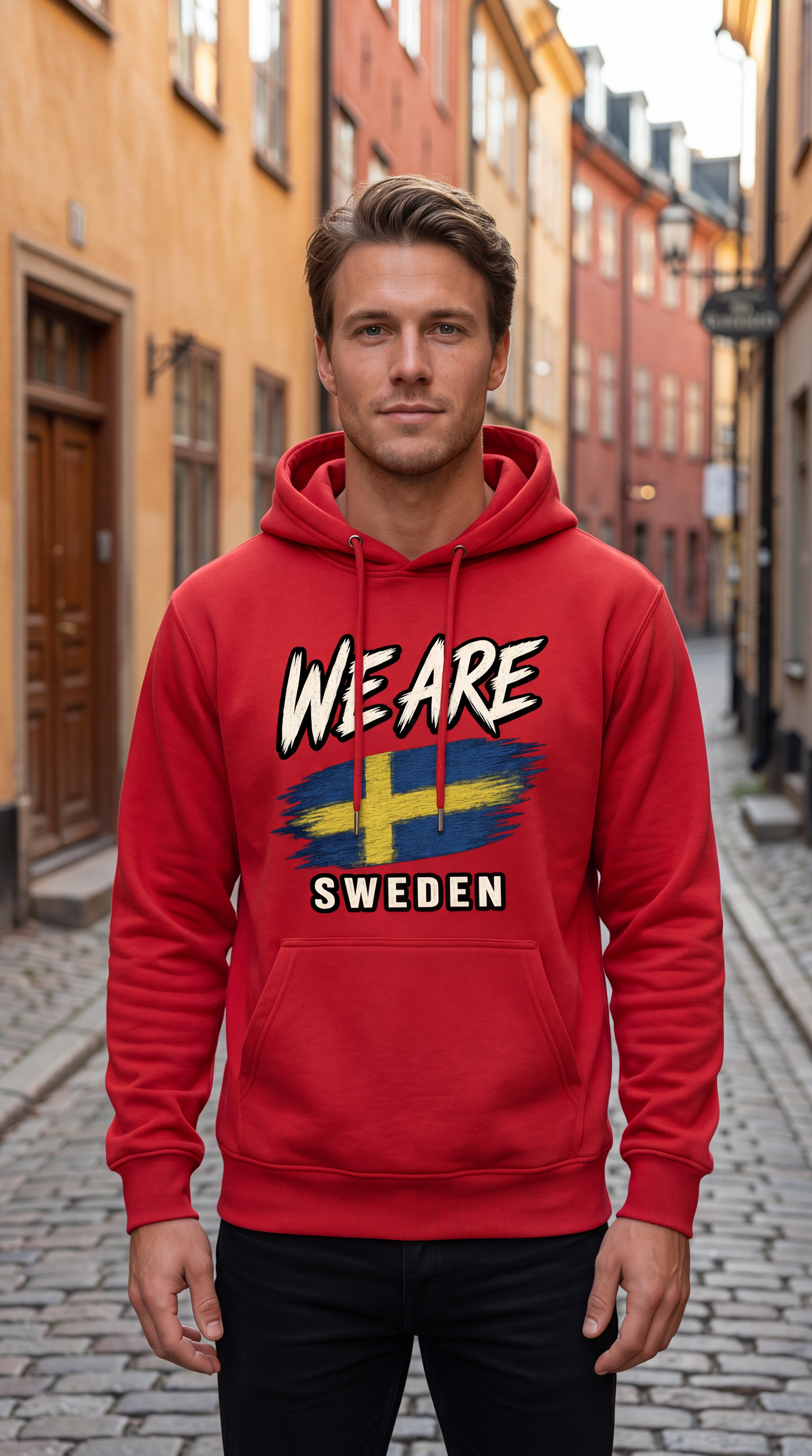 A man wearing a red pullover hoodie with a 'WE ARE SWEDEN' graphic featuring the Swedish flag, standing in a cobblestone street with colorful European buildings in the background.
