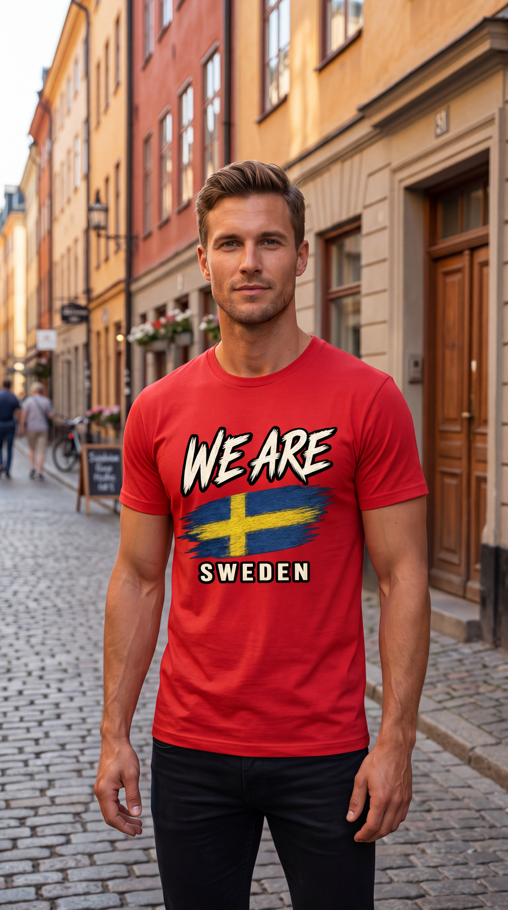 A man standing on a cobblestone street wearing a red graphic t-shirt with 'WE ARE SWEDEN' and a Swedish flag design, set against a blurred background of European buildings.