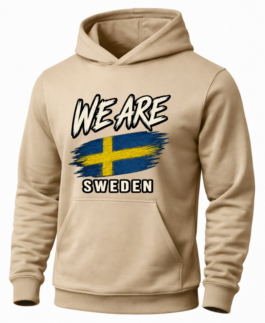 A beige pullover hoodie with a front graphic that reads 'WE ARE SWEDEN' above and below a blue and yellow Swedish flag design, shown on a plain white background.
