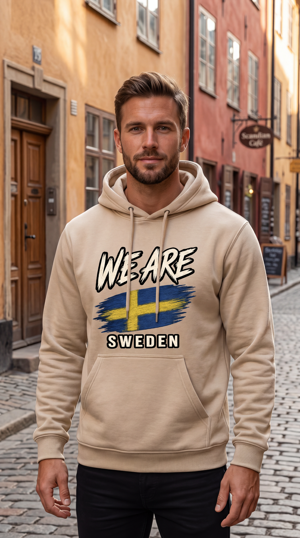 A man wearing a beige hoodie with a 'WE ARE SWEDEN' graphic featuring the Swedish flag, standing on a cobblestone street with colorful European buildings in the background.