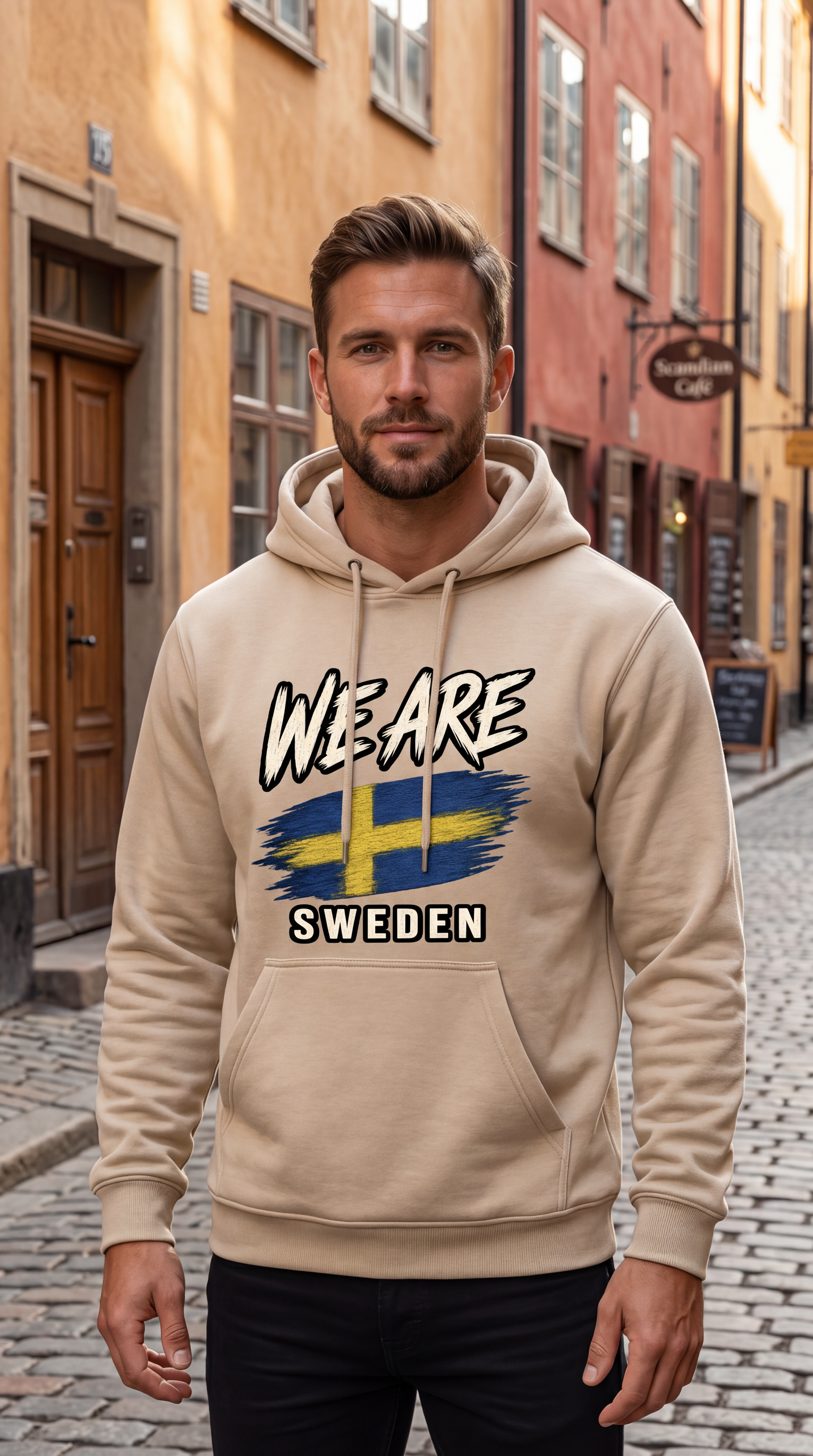 A man wearing a beige hoodie with a 'WE ARE SWEDEN' graphic featuring the Swedish flag, standing on a cobblestone street with colorful European buildings in the background.