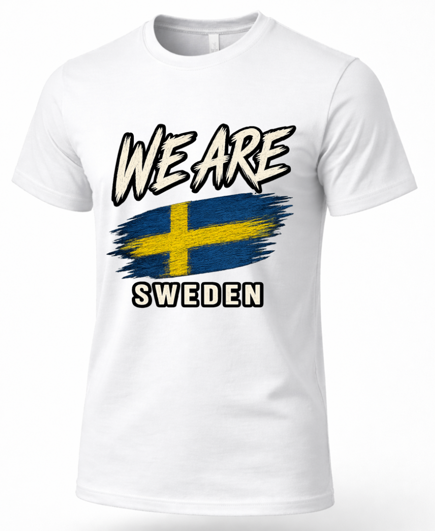 A white short-sleeve crewneck t-shirt featuring a graphic print on the front with the text 'WE ARE' above a stylized Swedish flag and 'SWEDEN' below.