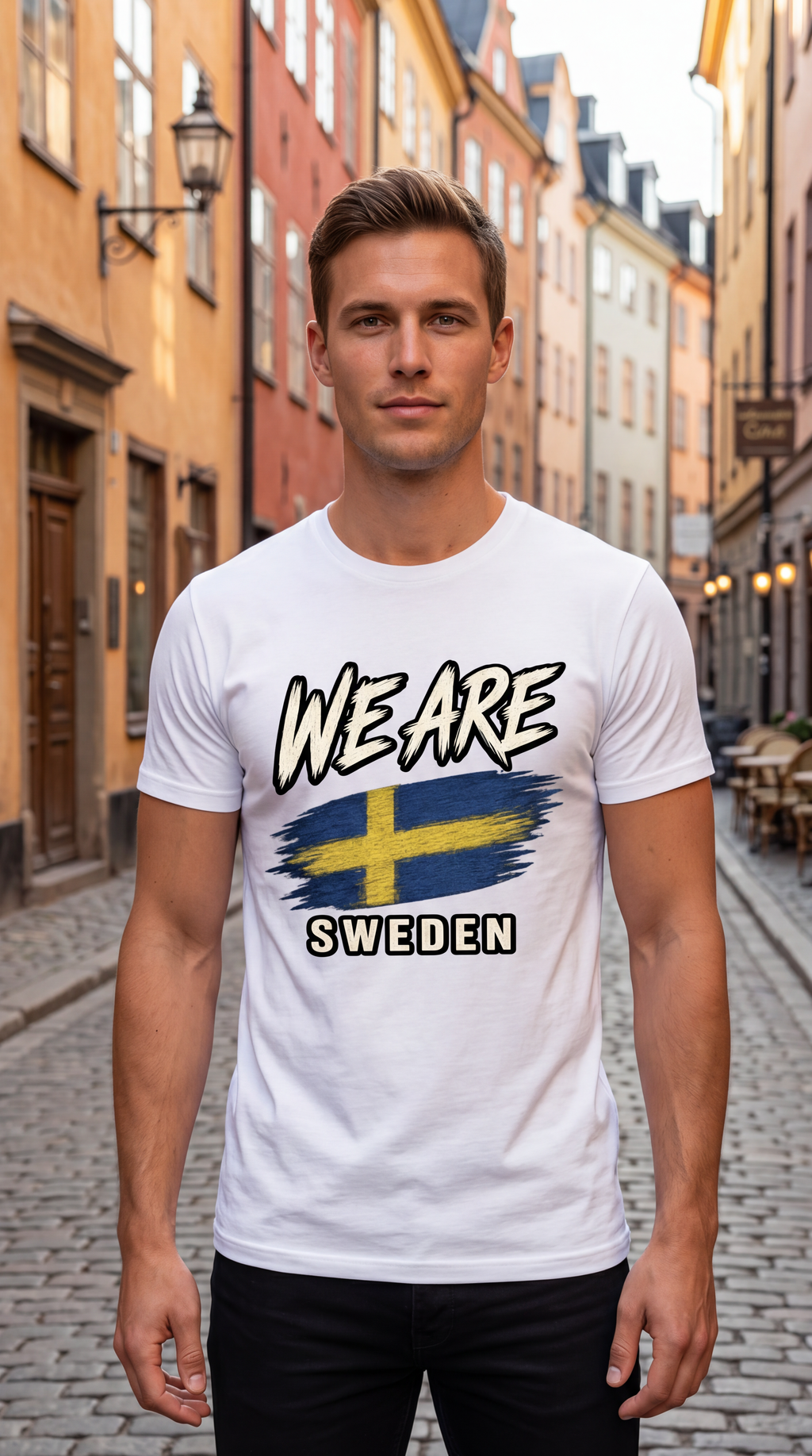 A man standing on a cobblestone street wearing a white graphic t-shirt with 'WE ARE SWEDEN' and a Swedish flag design printed on the front.