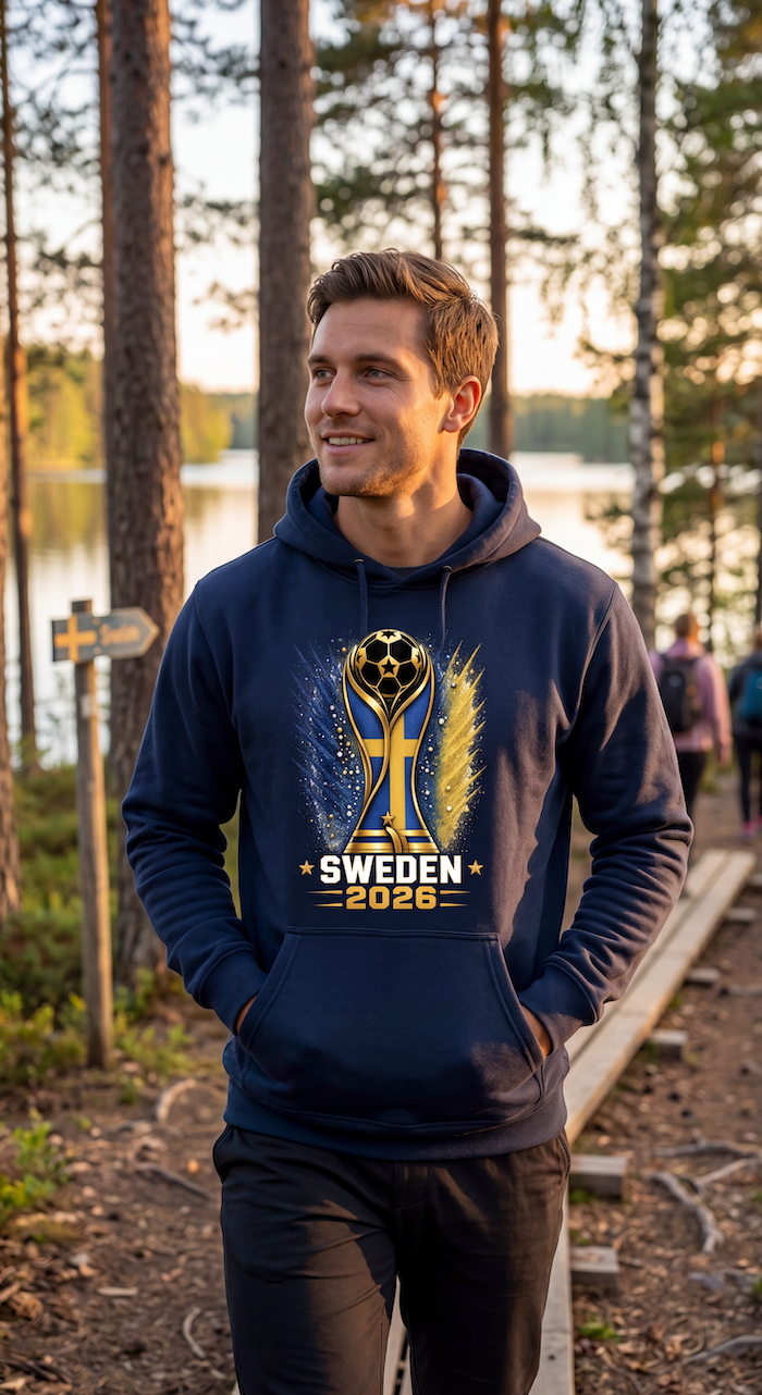 Man wearing a navy hoodie with a Sweden 2026 design in a forest setting