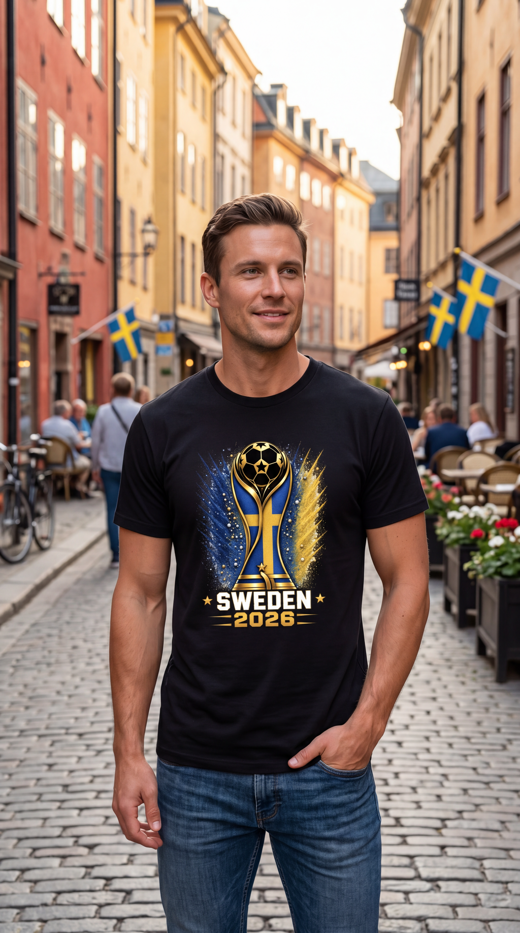 Man wearing a black t-shirt with Sweden 2022 design on a street with Swedish flags.
