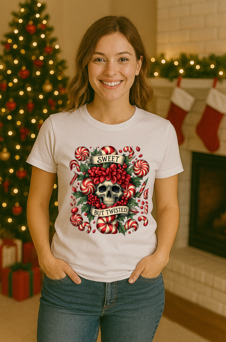 Woman wearing a white ‘Sweet But Twisted’ Christmas skull and candy t-shirt standing in a festive holiday room.