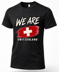 A black short-sleeve crewneck t-shirt featuring a distressed graphic print of the Swiss flag and the text 'WE ARE SWITZERLAND' in white and red.