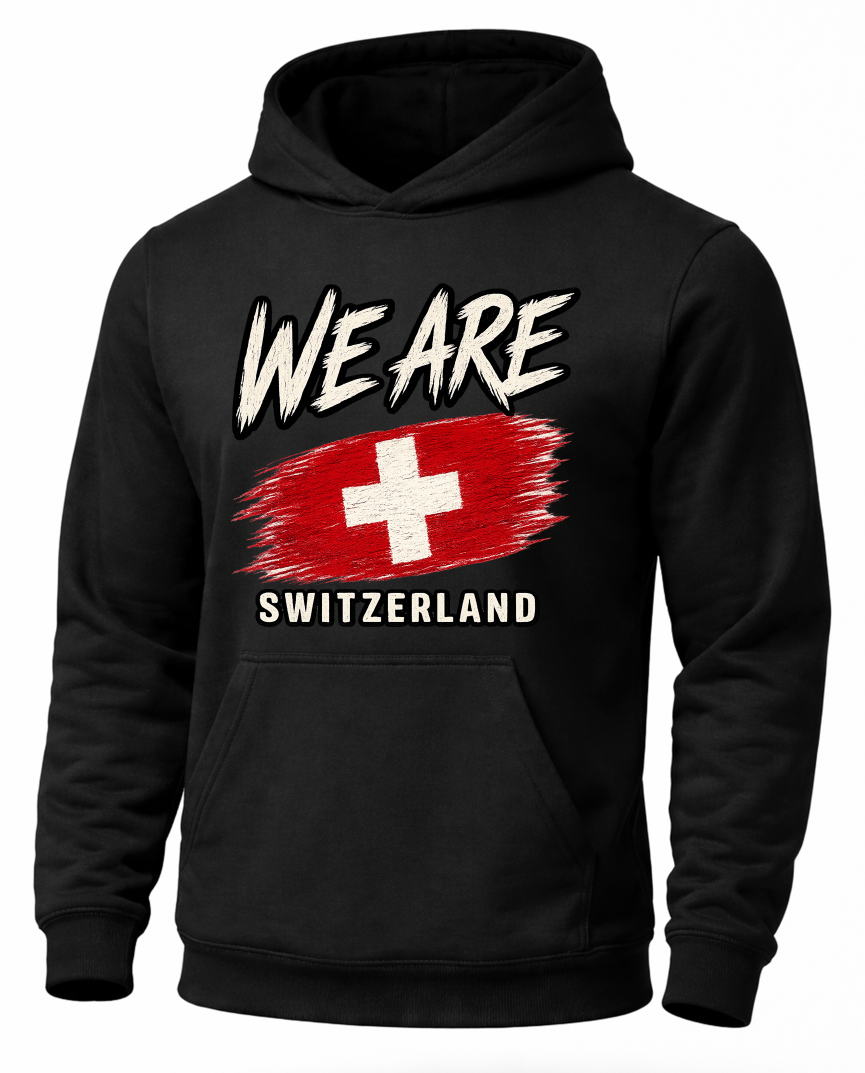 A black pullover hoodie with a graphic print on the front featuring the text 'WE ARE' above a red and white Swiss flag design, and 'SWITZERLAND' below, shown on a plain white background.