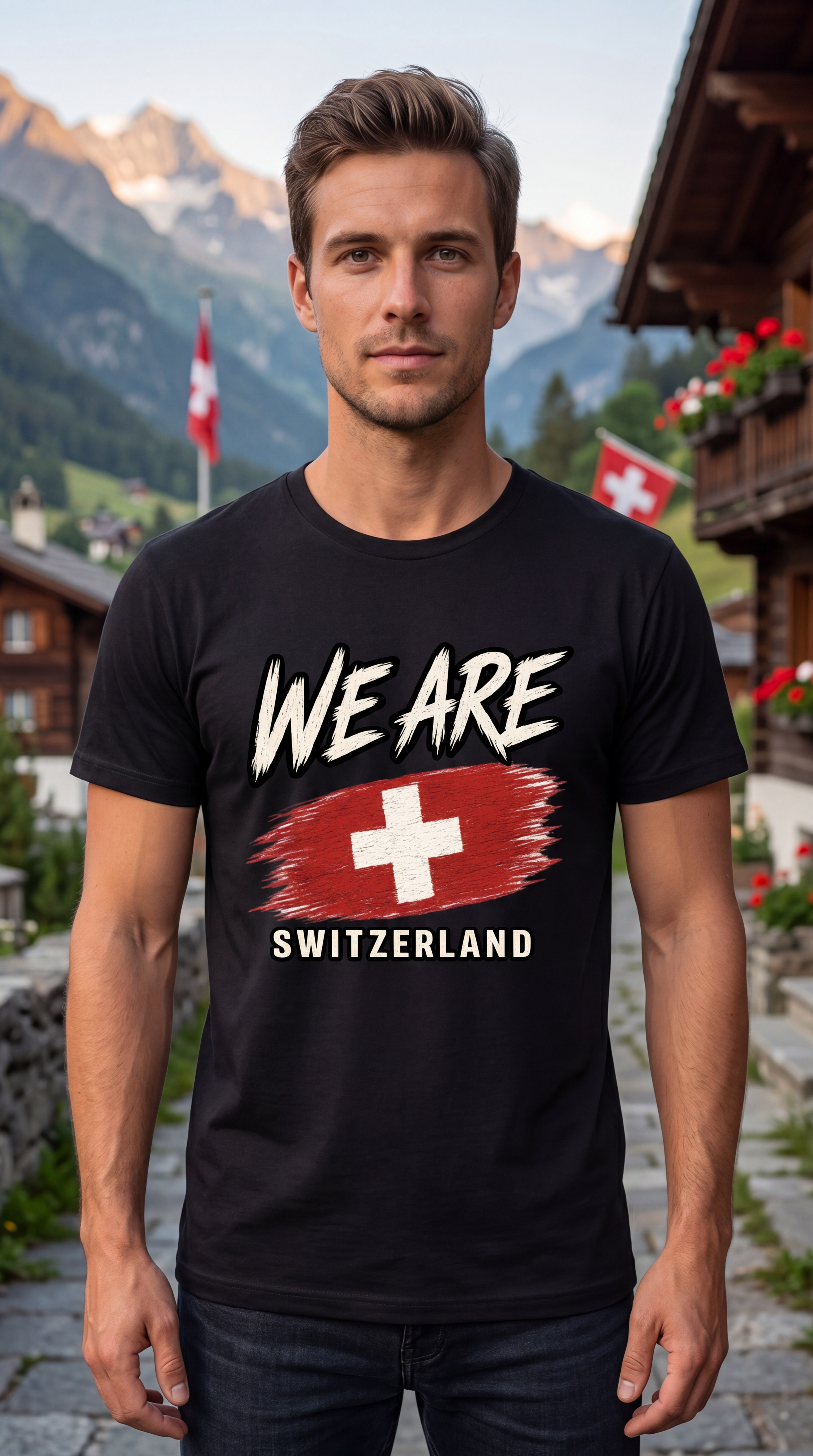 A man wearing a black t-shirt with a 'WE ARE SWITZERLAND' graphic featuring the Swiss flag, posed in front of a scenic Swiss mountain and chalet background.