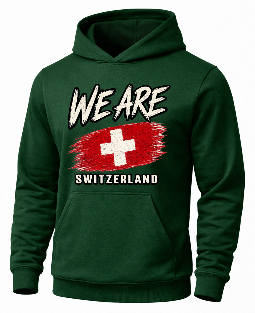 A dark green pullover hoodie with a front graphic that reads 'WE ARE' above a Swiss flag design and 'SWITZERLAND' below, shown on a plain white background.