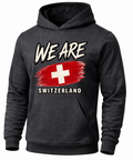 A dark charcoal gray hoodie with a graphic print on the front that reads 'WE ARE SWITZERLAND' above and below a stylized red-and-white Swiss flag, shown on a plain white background.