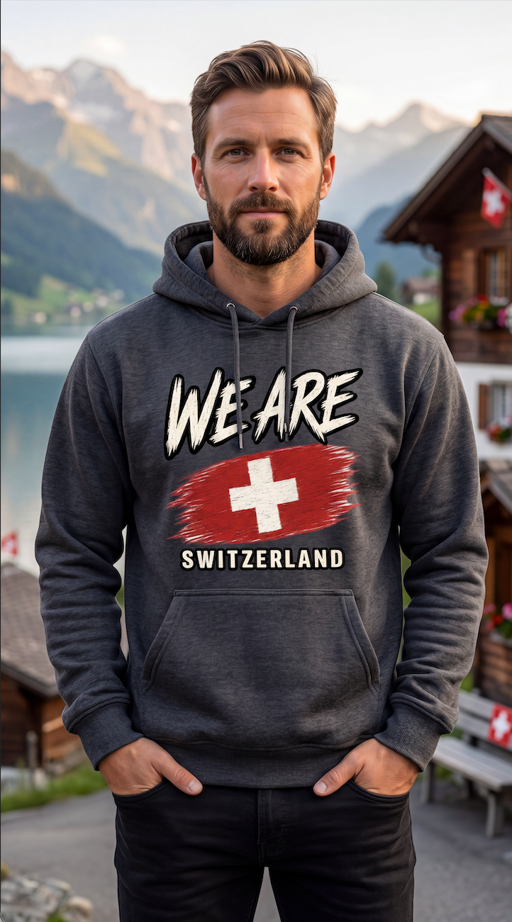A man wearing a dark gray hoodie with a 'WE ARE SWITZERLAND' graphic featuring a Swiss flag, standing in front of a scenic mountain and lake backdrop.
