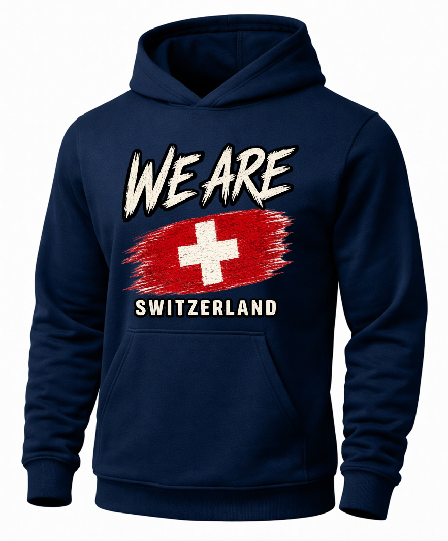A navy blue pullover hoodie with a front graphic that reads 'WE ARE' above a stylized Swiss flag and 'SWITZERLAND' below, shown on a plain white background.