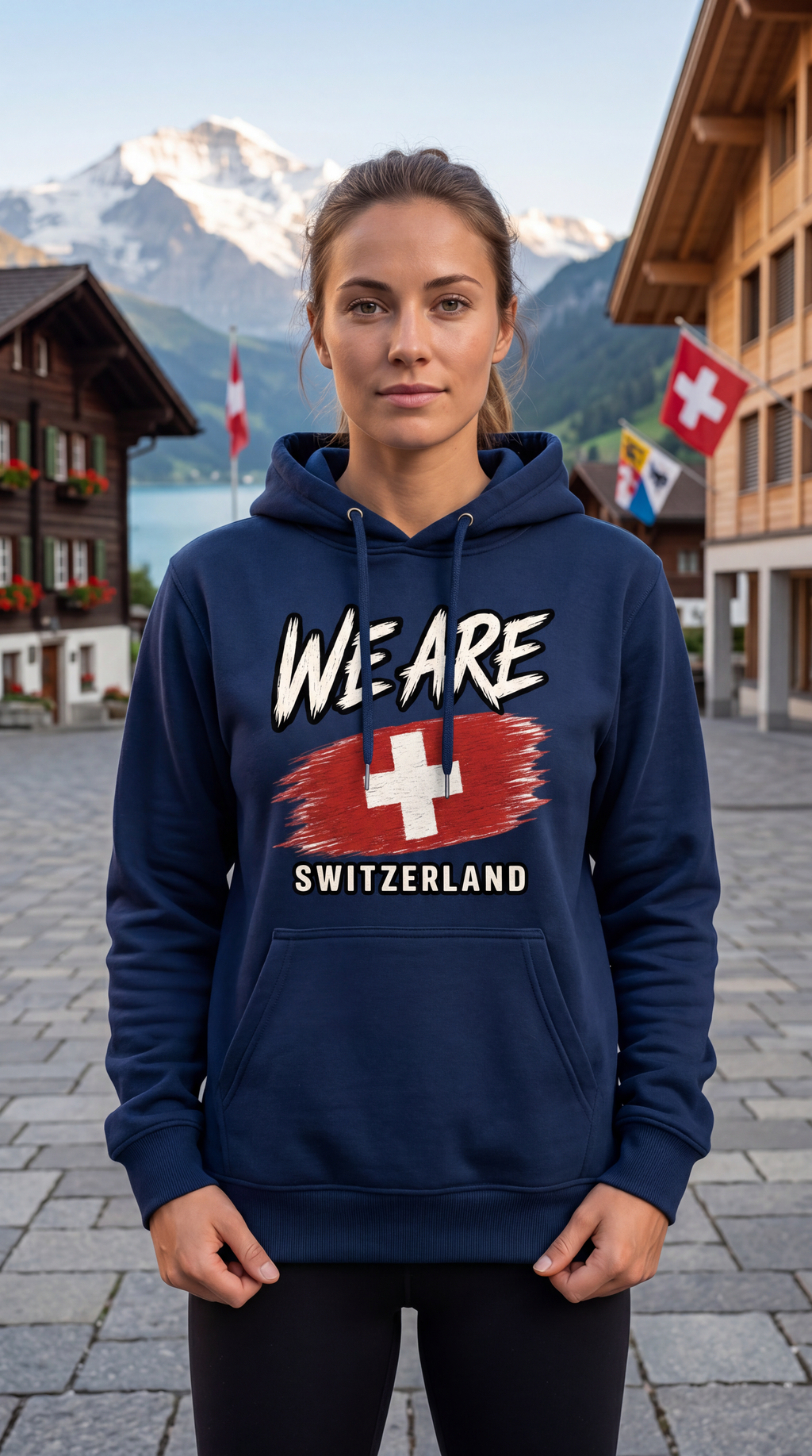 A woman stands outdoors in front of a Swiss mountain village, wearing a navy blue hoodie with a graphic print that reads 'WE ARE SWITZERLAND' over a Swiss flag design.